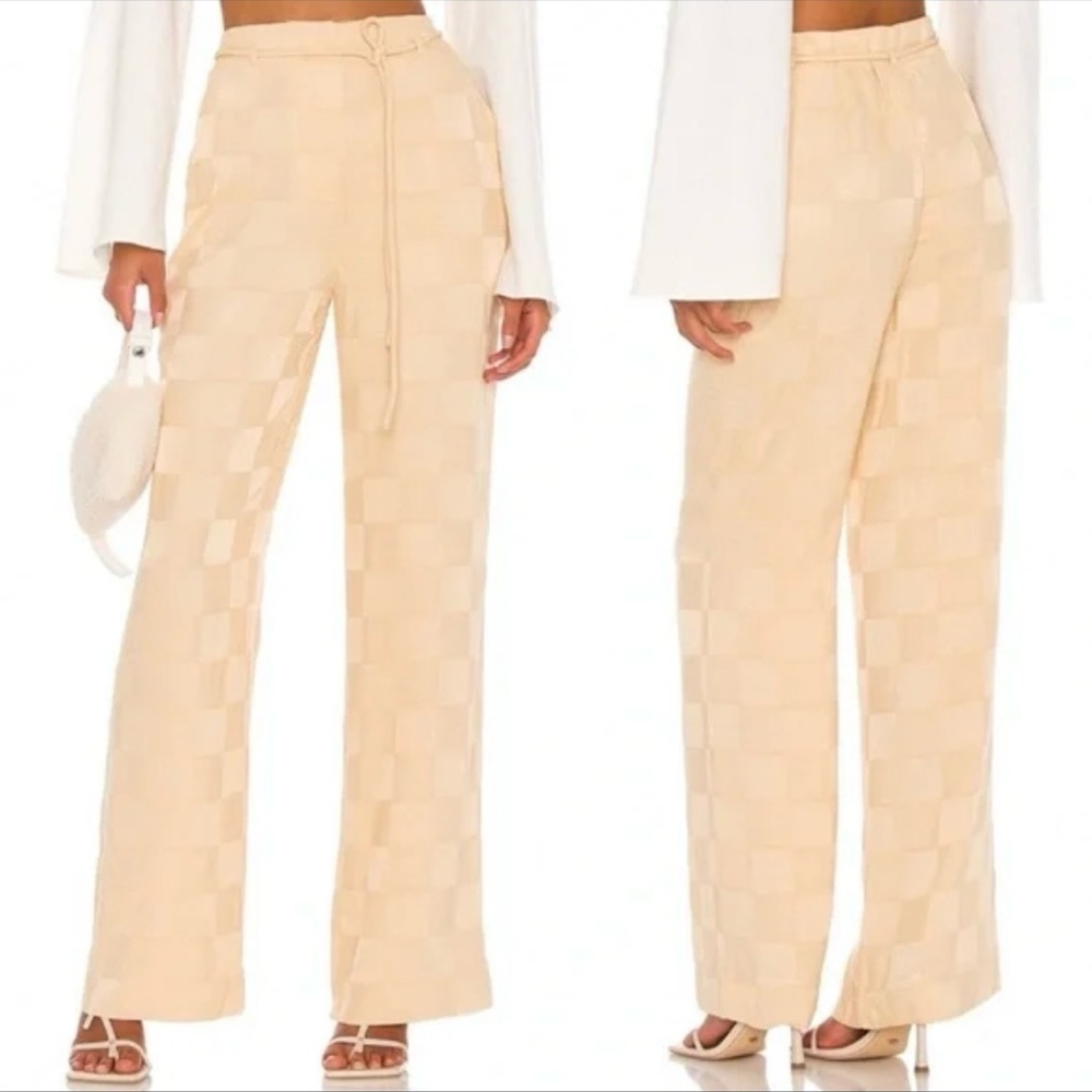L'Academie Beige Checkered Wide Leg Pants
